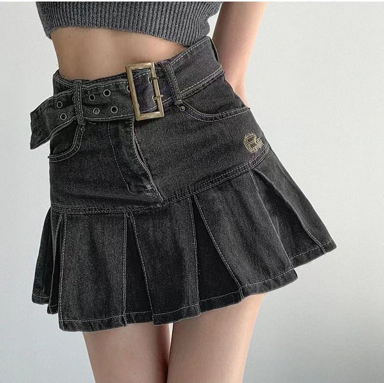 High Rise Belted Denim Mini A-Line  Skirt Product Image