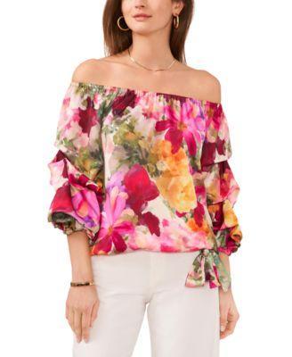 Plus Size Floral Off The Shoulder Bubble Sleeve Tie Front Blouse Product Image