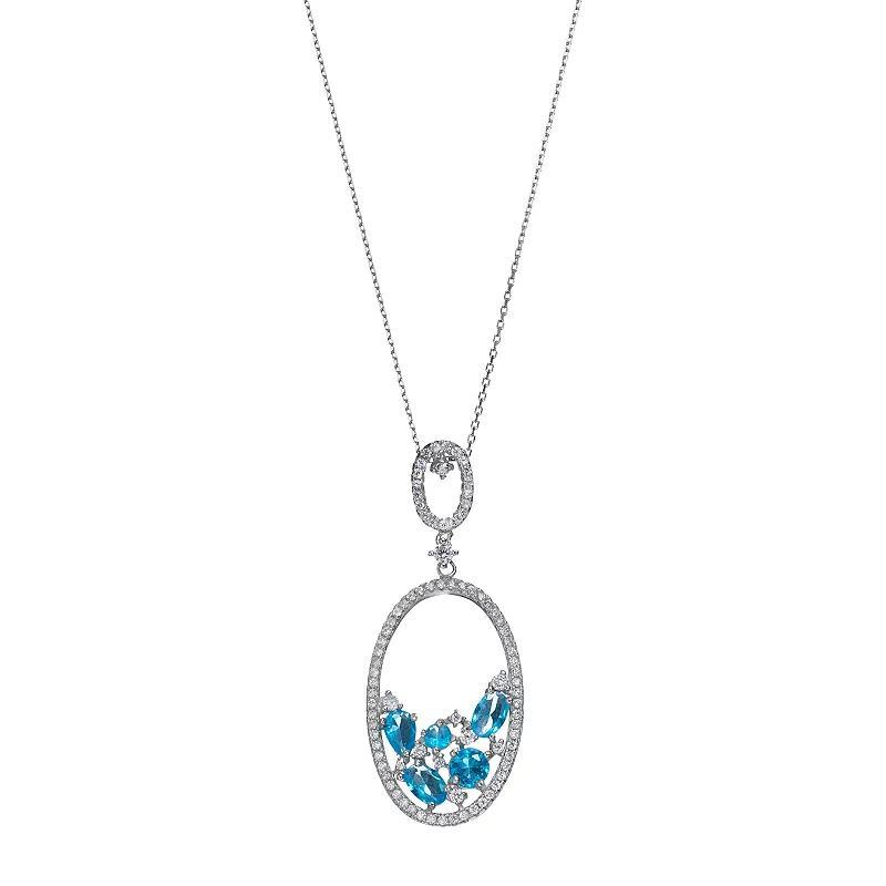 Sterling Silver Cubic Zirconia Oval Pendant Necklace, Womens Blue Product Image