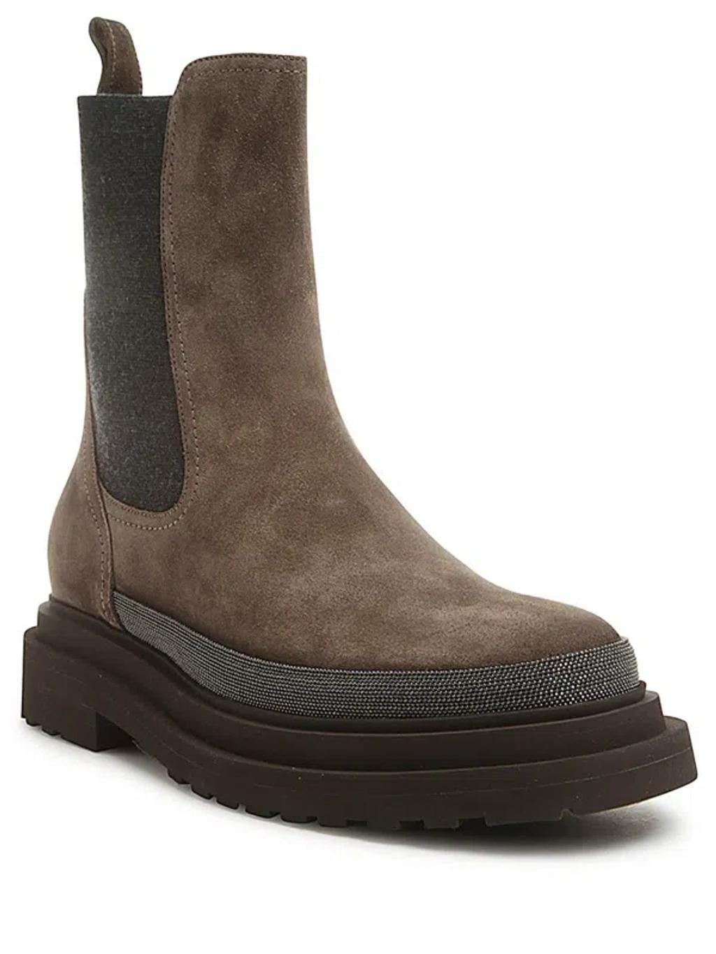 Monili-embellished Suede Chelsea Boots In Brown Product Image