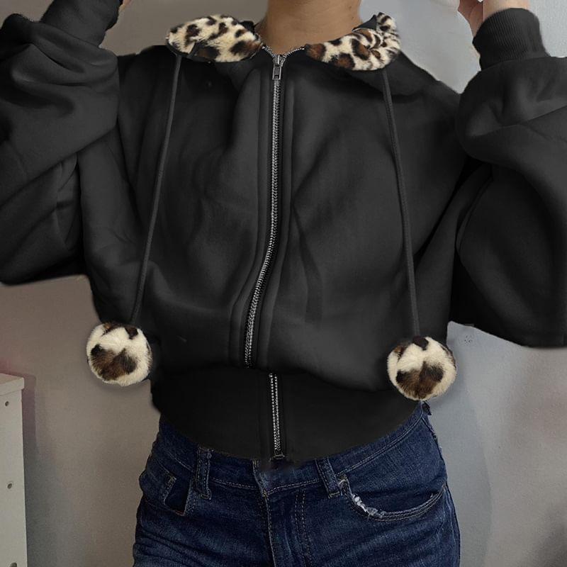 Long Sleeve Leopard Print Furry-Trim Zip-Up Hooded Jacket Product Image