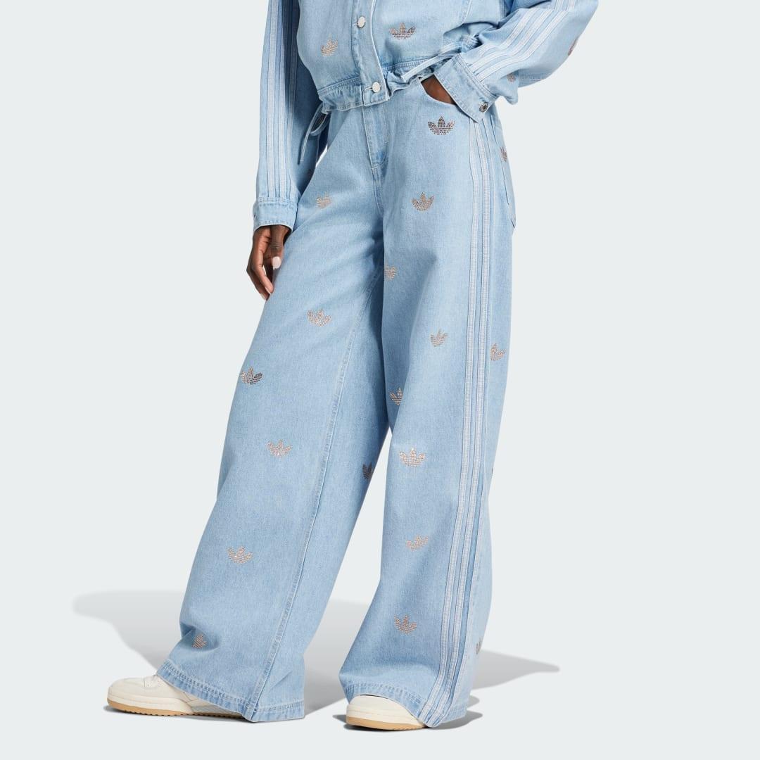 adidas Denim Rhinestone Pants Clear Blue XS Womens Product Image