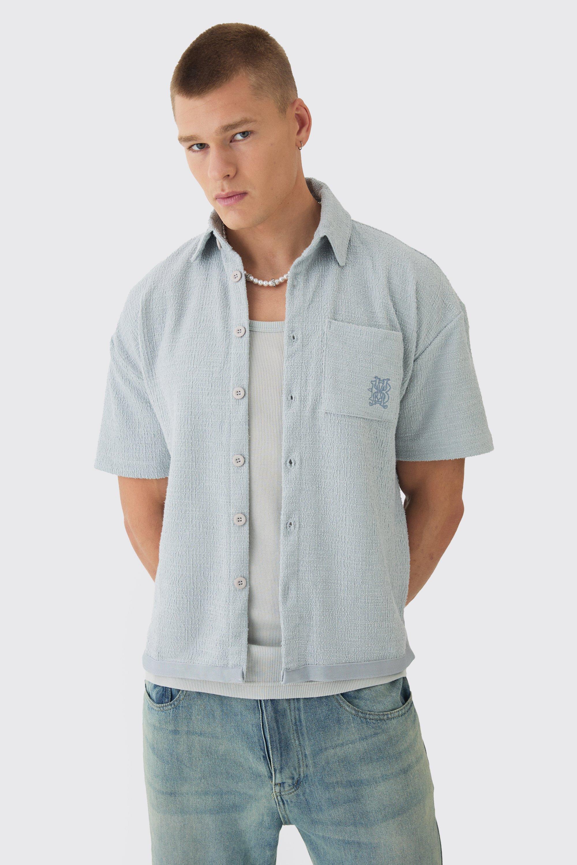 Oversized Textured Embroidered Shirt | boohooMAN USA Product Image