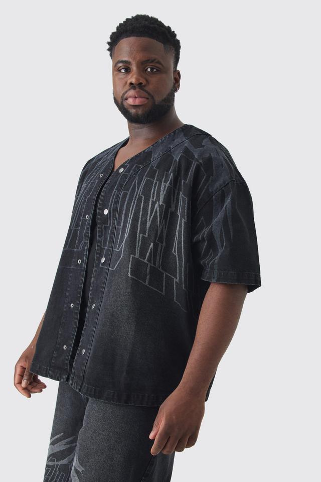 Mens Black Plus Printed Embroidery Denim Shirt, Black Product Image