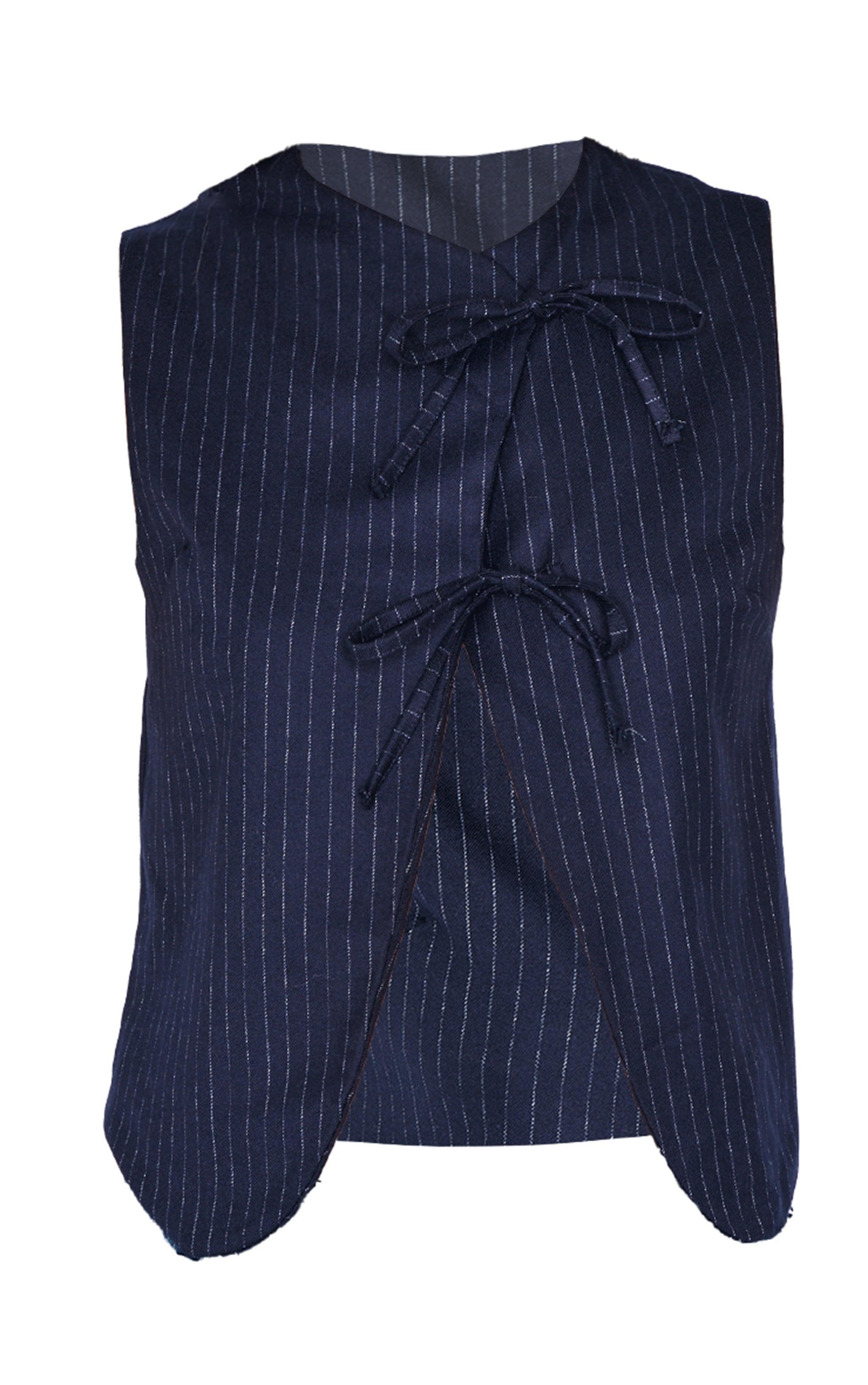 Navy Pinstripe Asymmetric Tie Front Vest Product Image