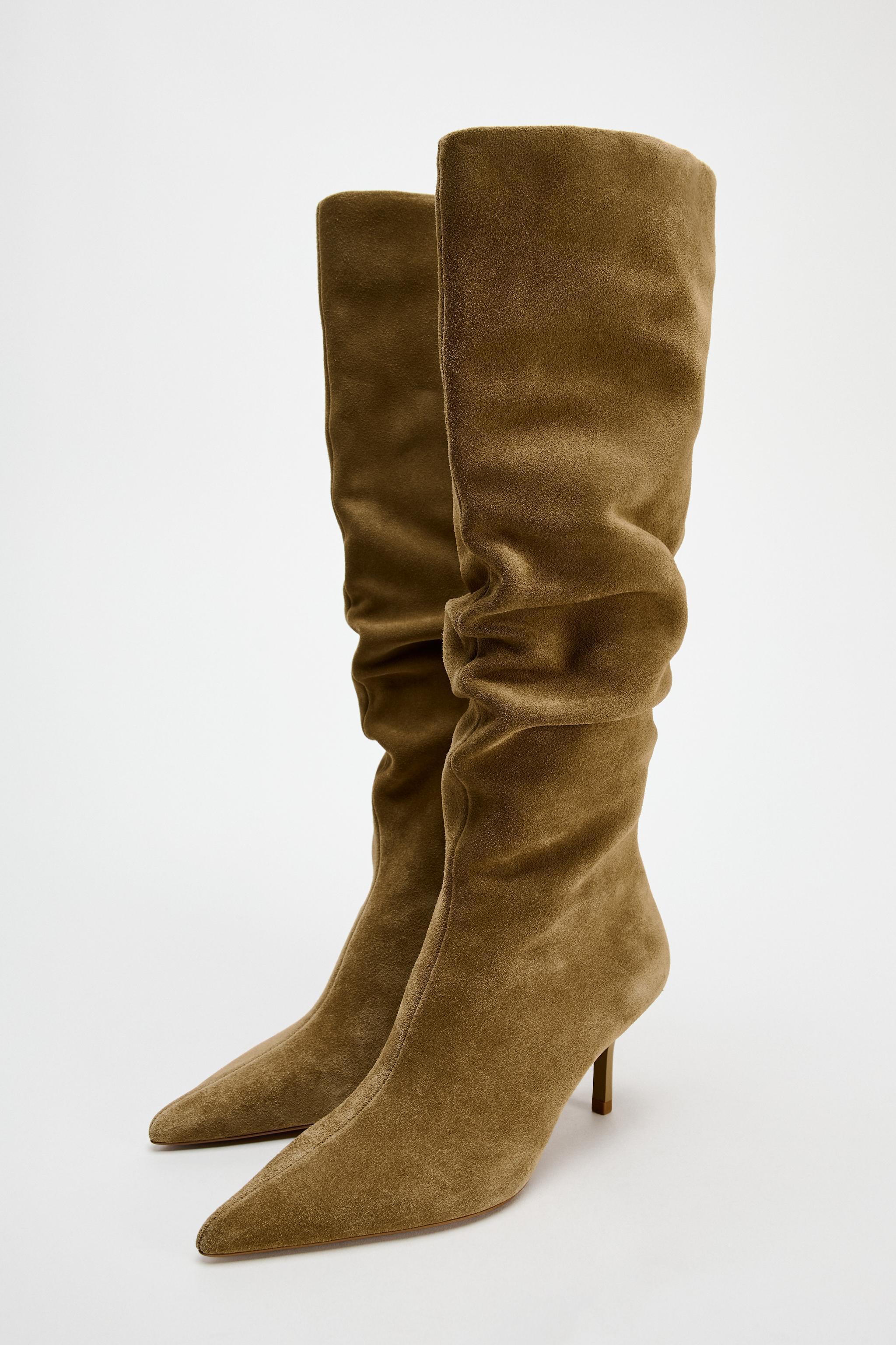 LEATHER SUEDE HEELED RUCHED BOOTS Product Image