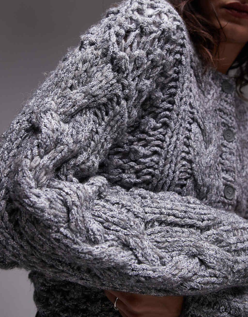 Topshop hand knit chunky cable knit cardigan in gray  Product Image