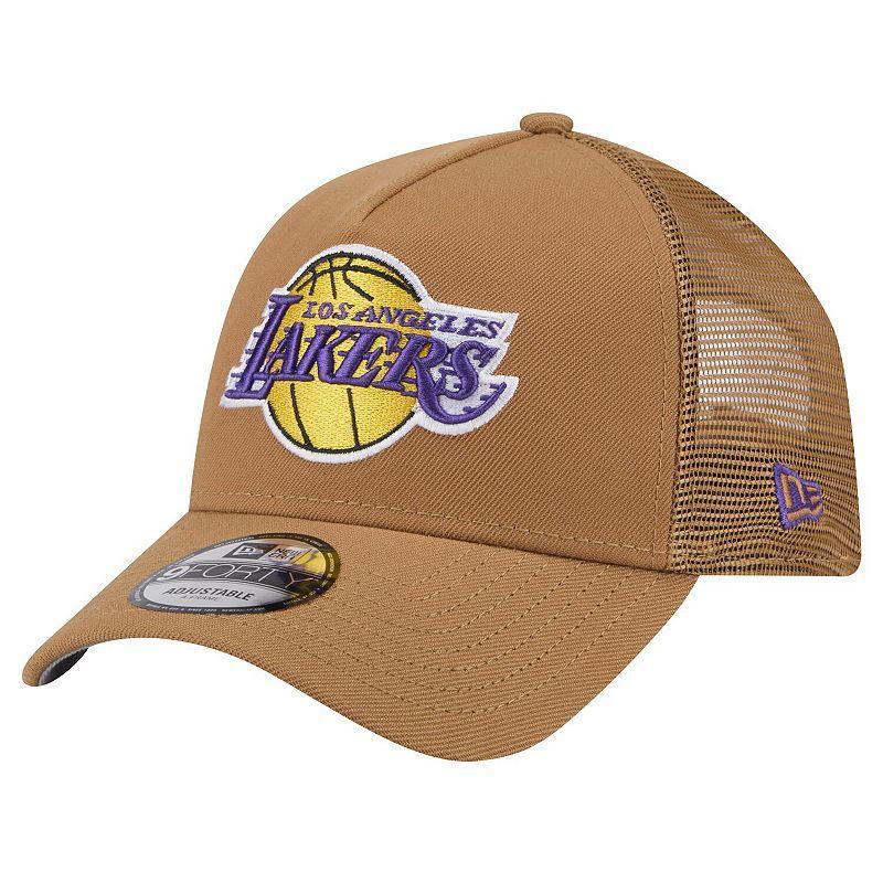 Mens New Era Tan Los Angeles Lakers 9FORTY A-Frame Trucker Adjustable Hat Product Image