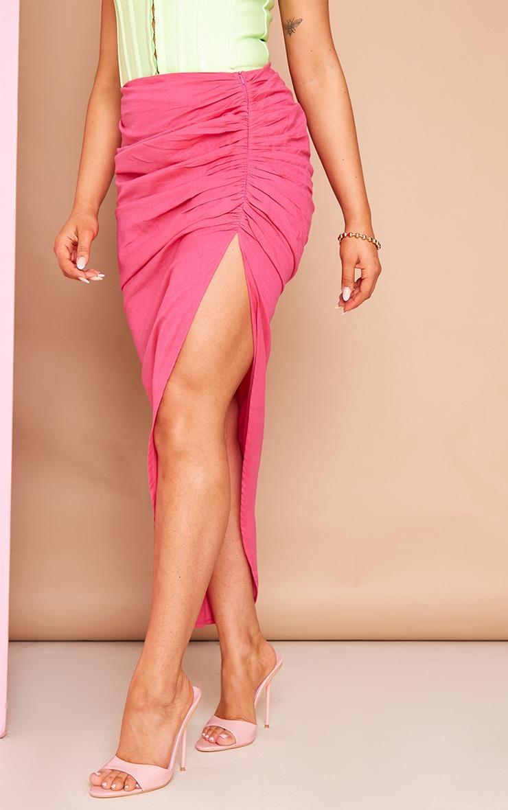 Hot Pink Linen Look Ruched Zip Detail Midaxi Skirt Product Image