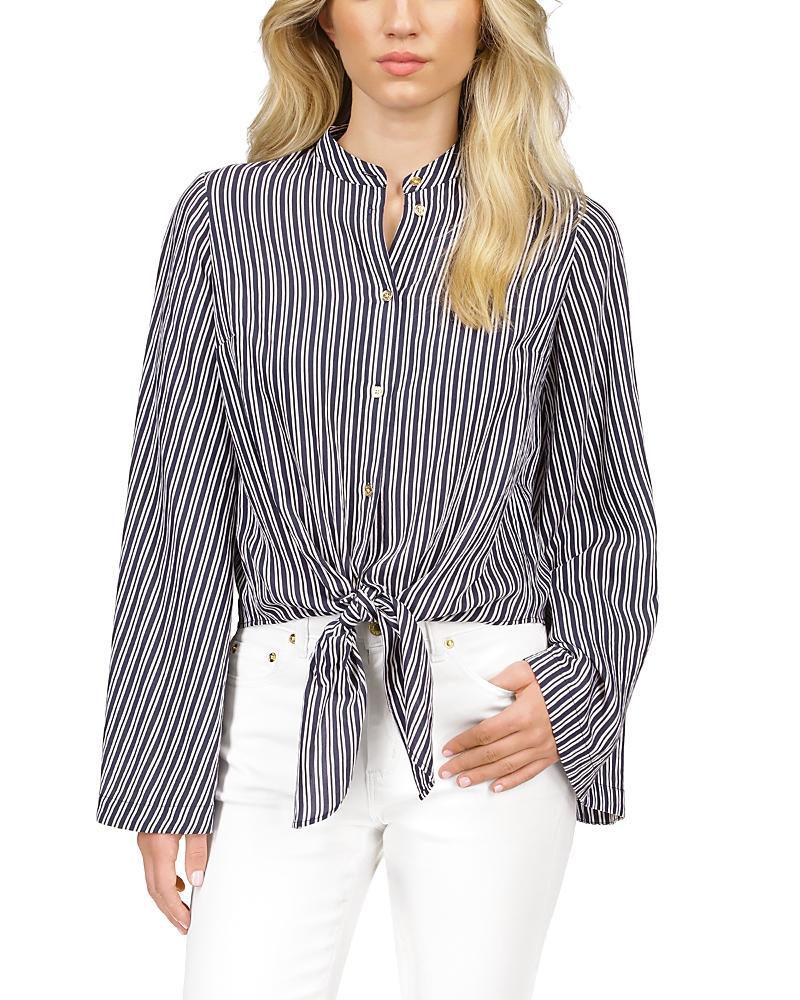 MICHAEL Michael Kors Halo Pinstripe Woven Banded Collar Long Flare Sleeve Front Product Image