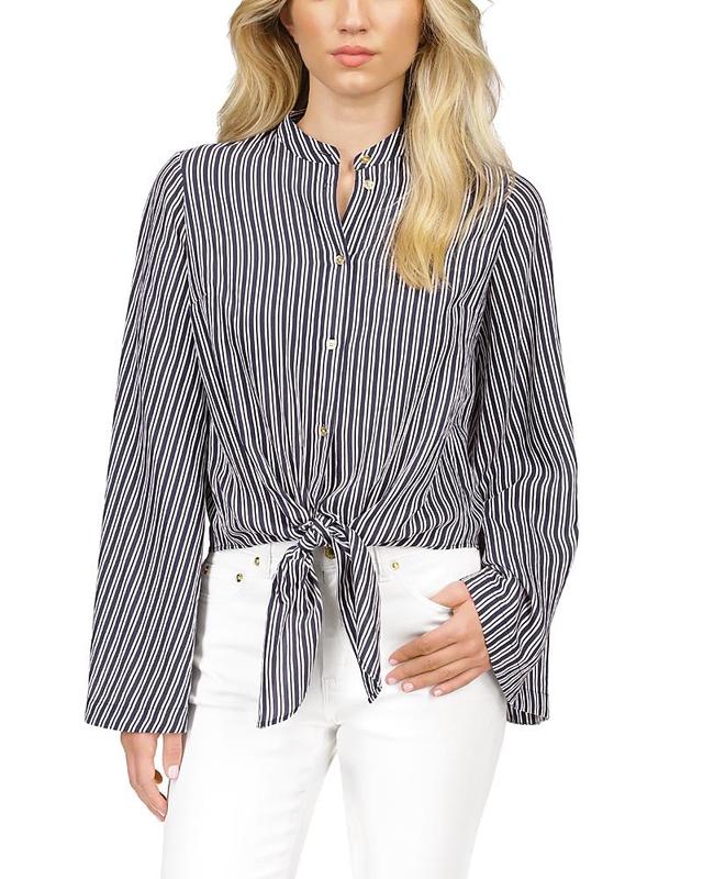 MICHAEL Michael Kors Halo Pinstripe Woven Banded Collar Long Flare Sleeve Front Product Image