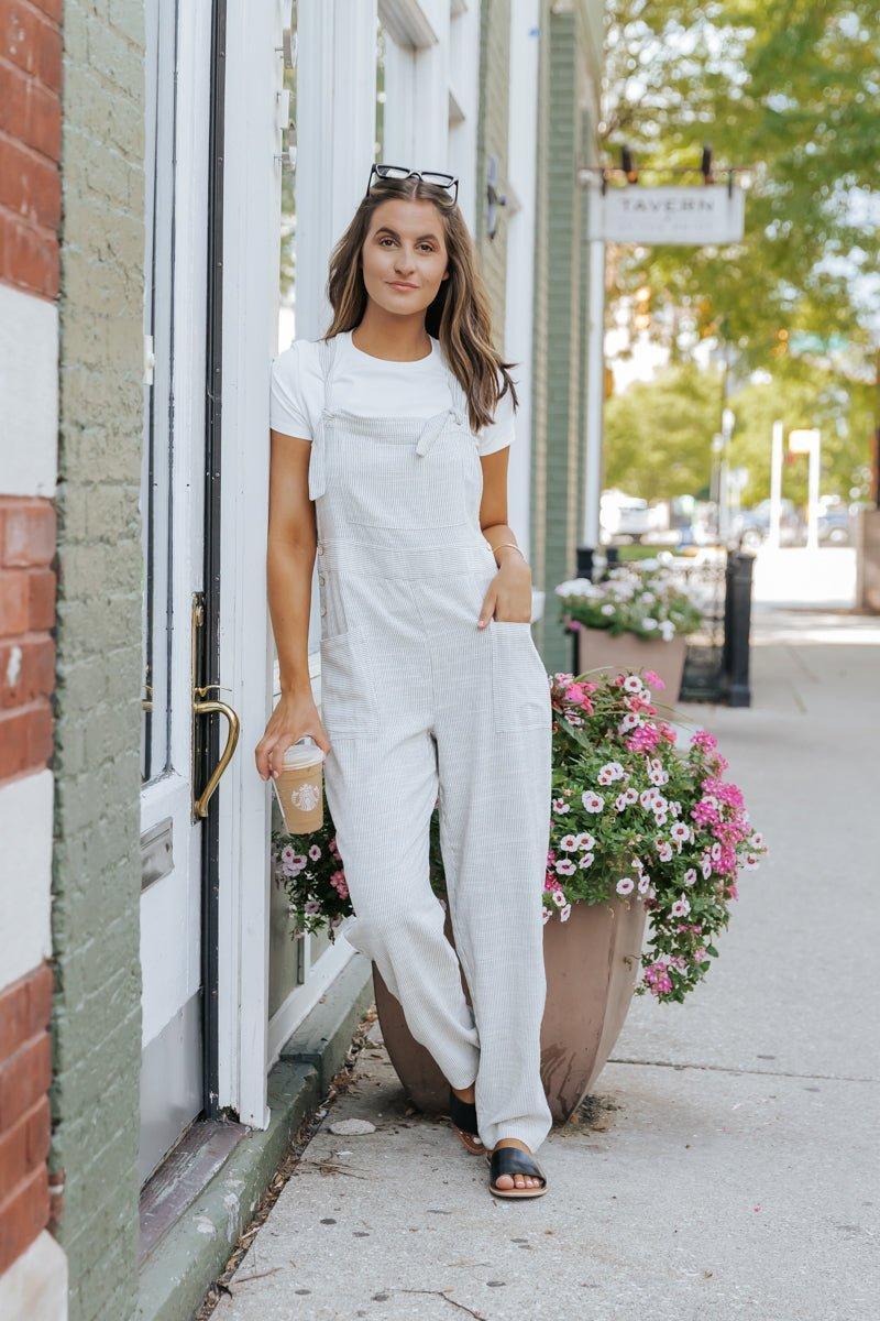 Natural Striped Linen Overalls - FINAL SALE Product Image