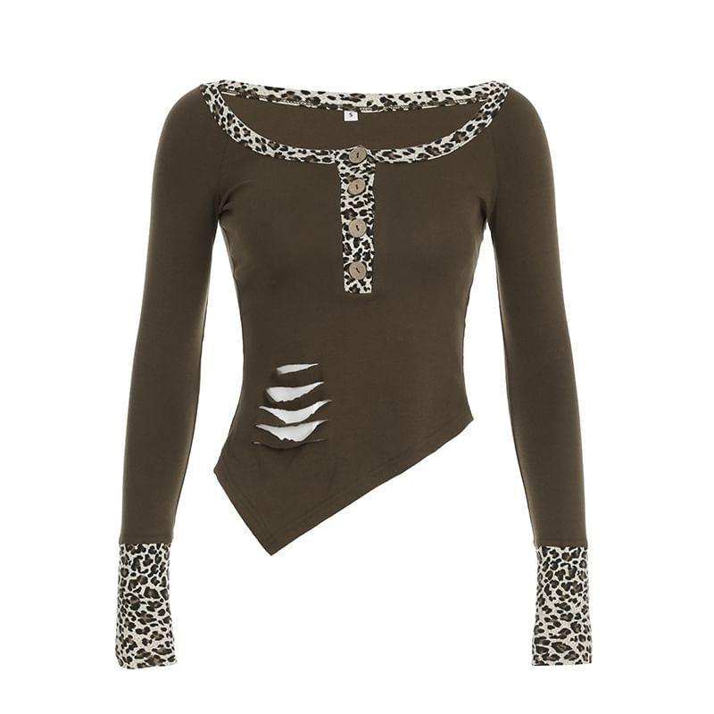 Long Sleeve Scoop Neck Leopard Print Cutout Tee Product Image