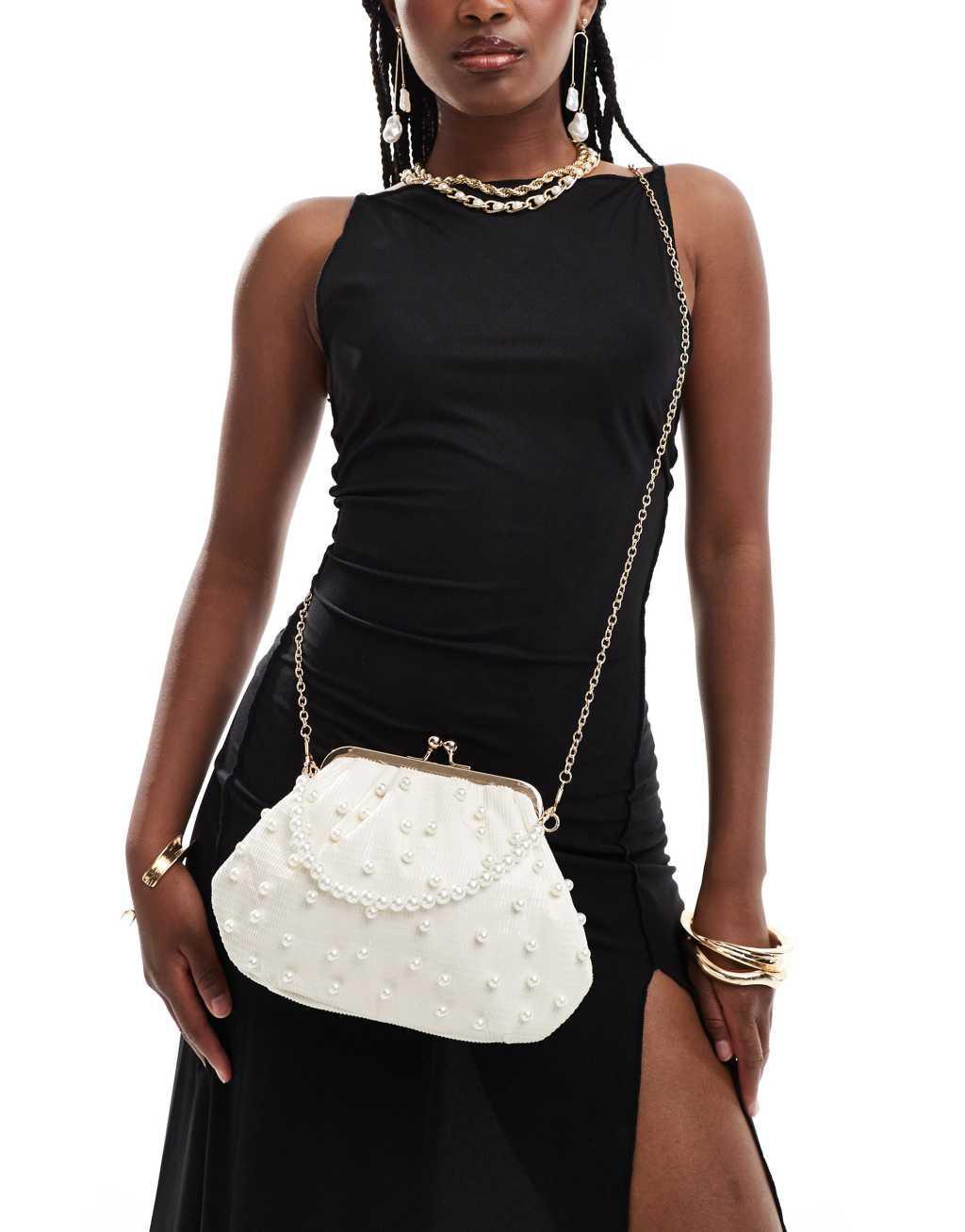 True Decadence pearl embellished bag with pearl handle in cream Product Image