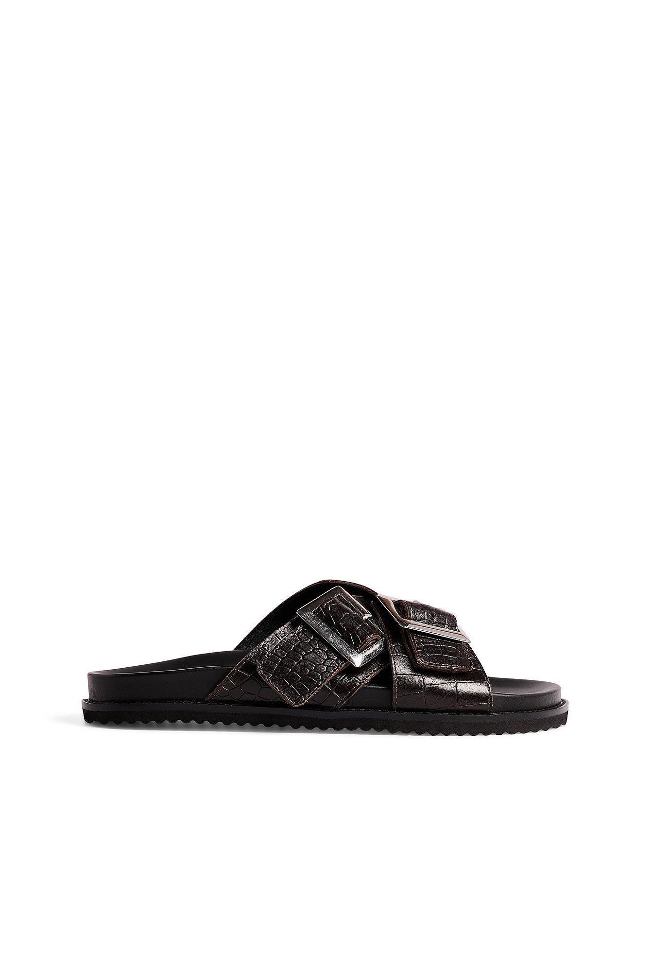 Double Buckle Leather Slippers Product Image