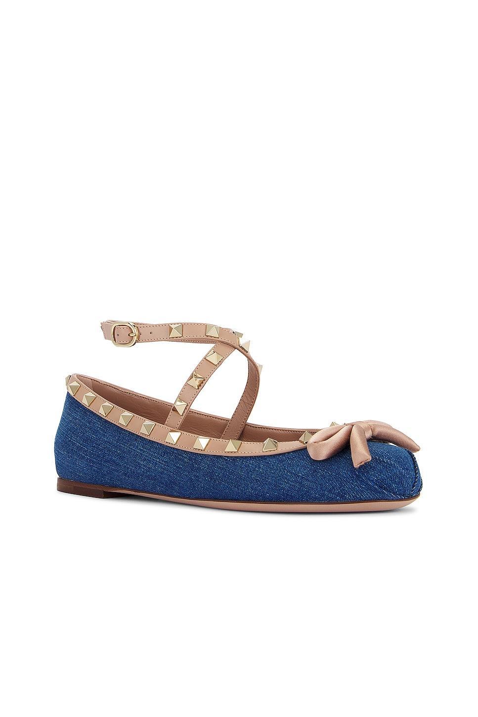 Rockstud Denim Ankle-Strap Ballerina Flats Product Image