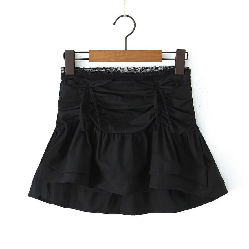 High Rise Plain Lace Trim Drawstring Layered Mini A-Line Skirt Product Image