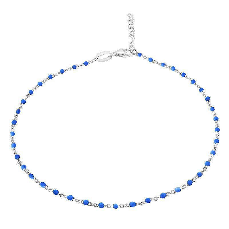 Sterling Silver Blue Enamel Beaded Anklet, Womens Product Image