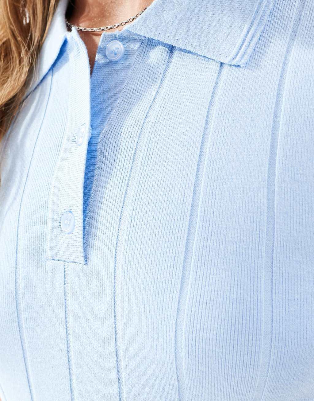 Mango ribbed detail polo top in light blue Product Image