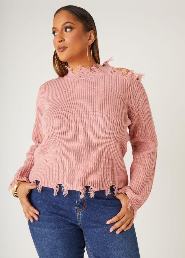 Plus Size Distressed Cutout Crystal Sweater, - Ashley Stewart Product Image