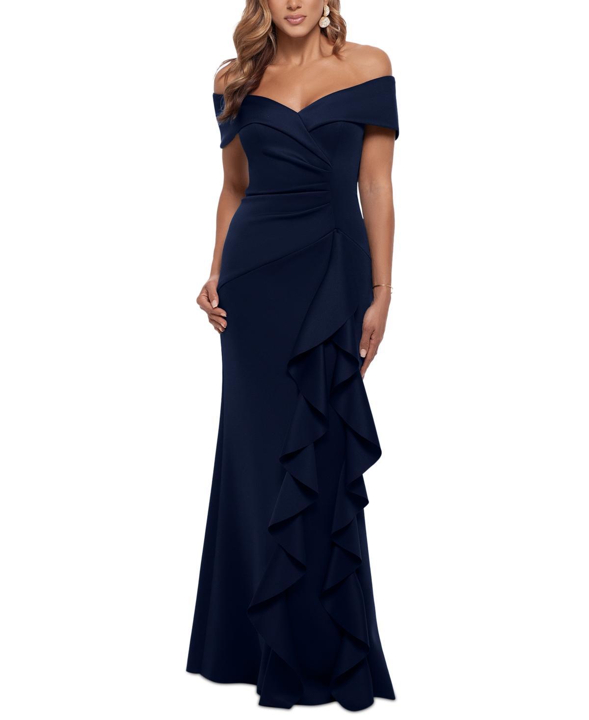 Xscape Evenings Off the Shoulder Ruffle Crepe Trumpet Gown Product Image