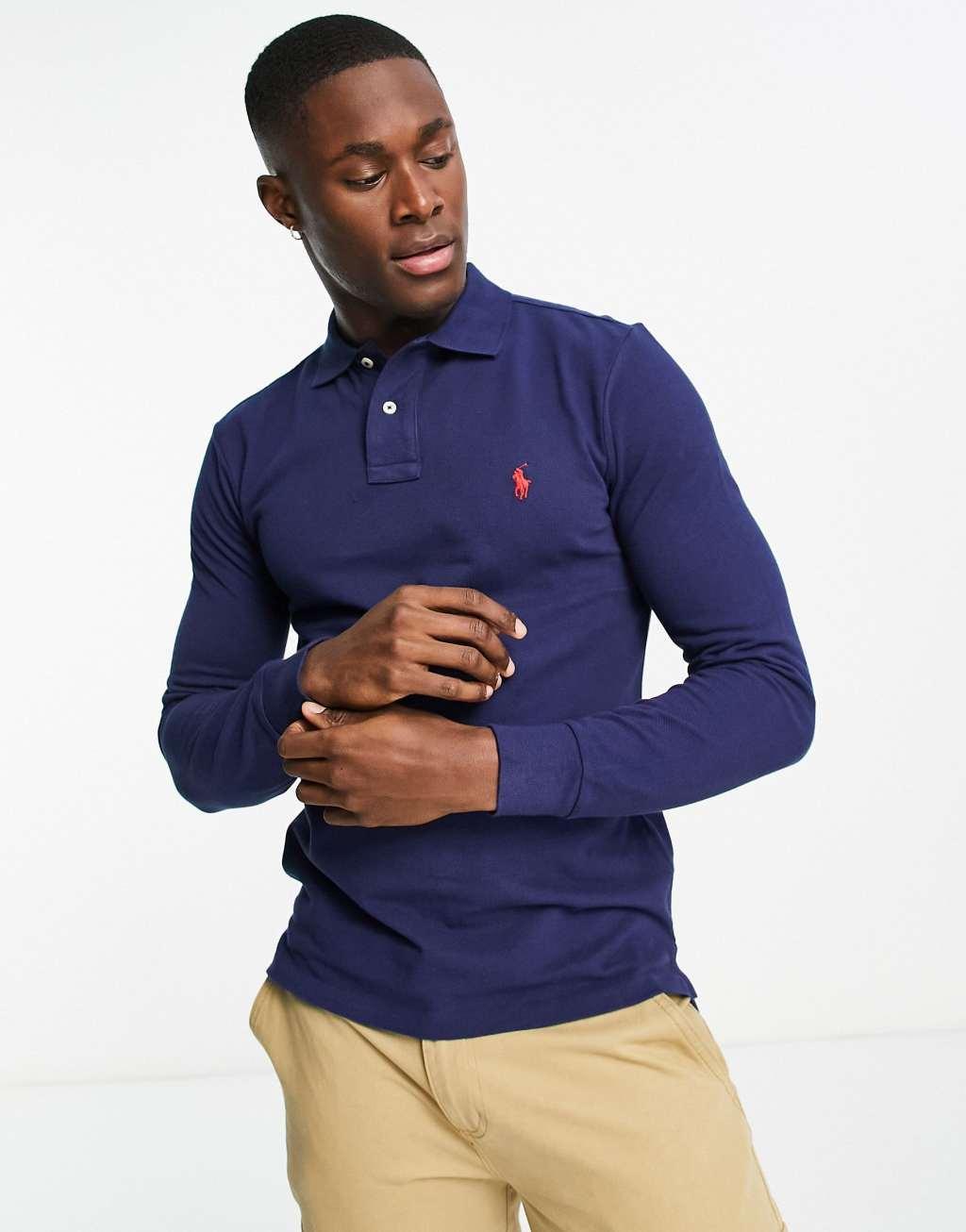 Polo Ralph Lauren icon logo slim fit long sleeve pique polo in navy Product Image