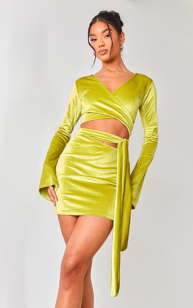 Lime Green Velvet Wrap Around Long Sleeve Bodycon Dress Product Image