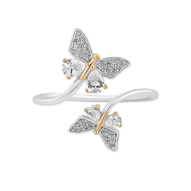 PRIMROSE Two Tone Sterling Silver Cubic Zirconia Double Butterfly Bypass Ring, Womens Product Image