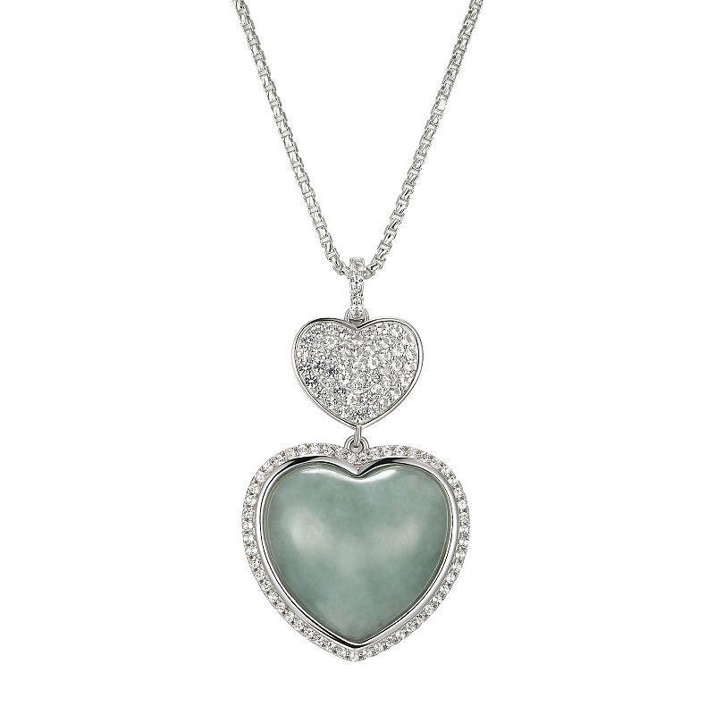 Sterling Silver Jade & White Topaz Double Heart Necklace, Womens Green Product Image