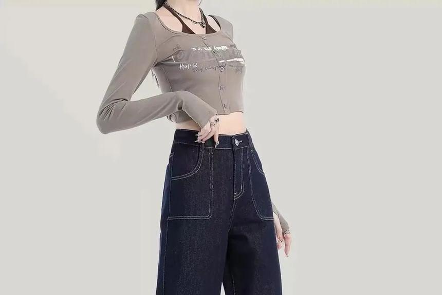 High Rise Contrast Stitched Wide Leg Jeans Product Image