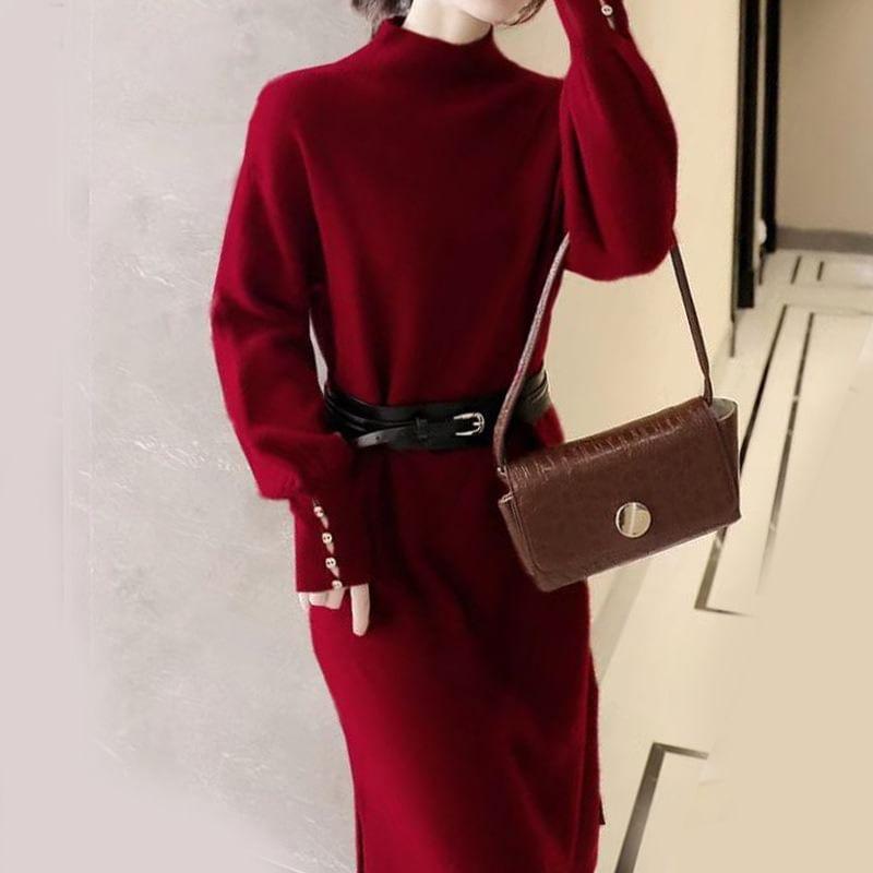 Long-Sleeve Mock Neck Plain Midi Sheath Knit Dress Product Image