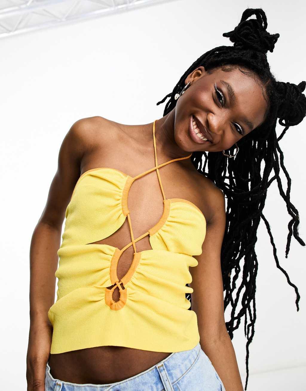 ASOS DESIGN knit halter top with cut-out detail and contrast trim in yellow Product Image