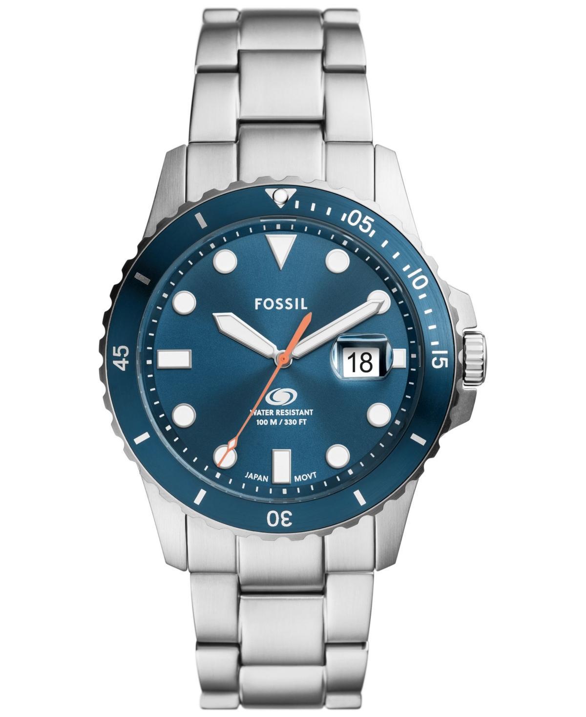 Fossil Mens Blue Dive Three-Hand Date Silver-Tone Stainless Steel Watch 42mm Product Image