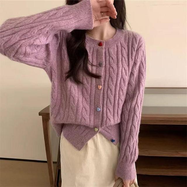 Round Neck Plain Buttoned Cable Knitted Cardigan Product Image