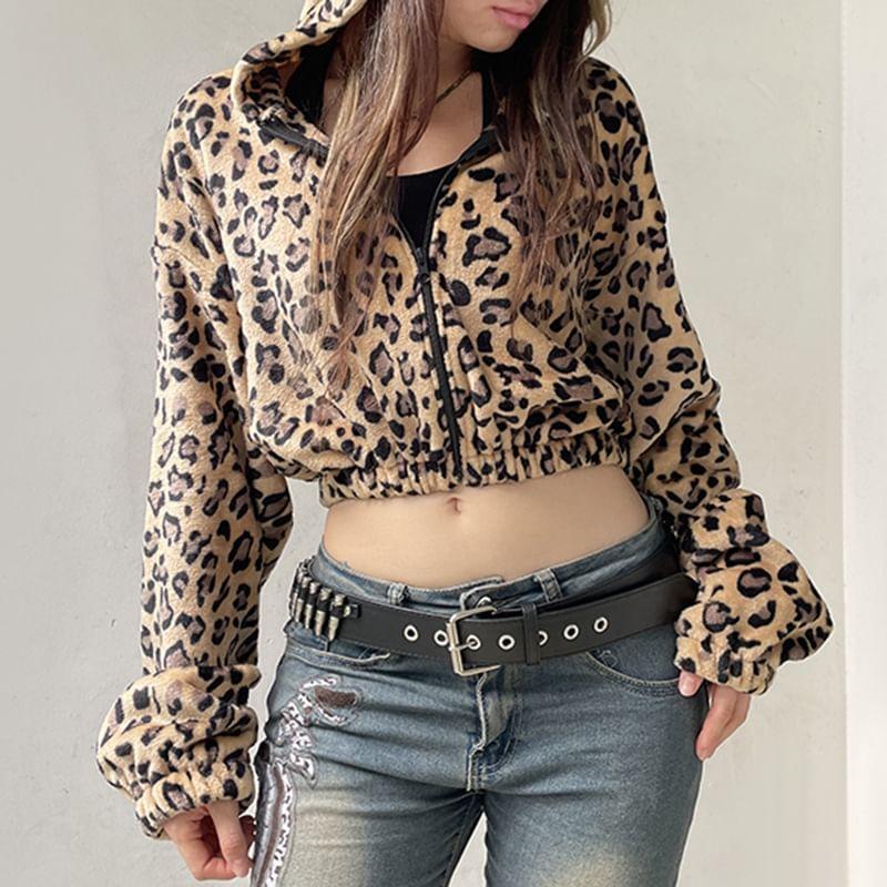 Leopard Print Zip Cropped Hoodie Product Image