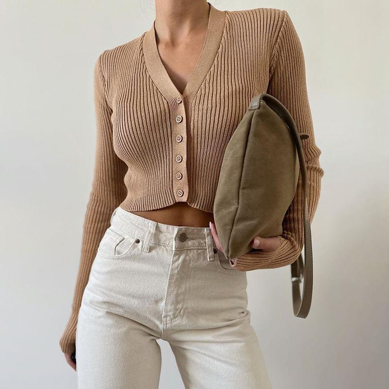 Long Sleeve V-Neck Plain Ribbed-Knit Slim-Fit Crop Cardigan Product Image