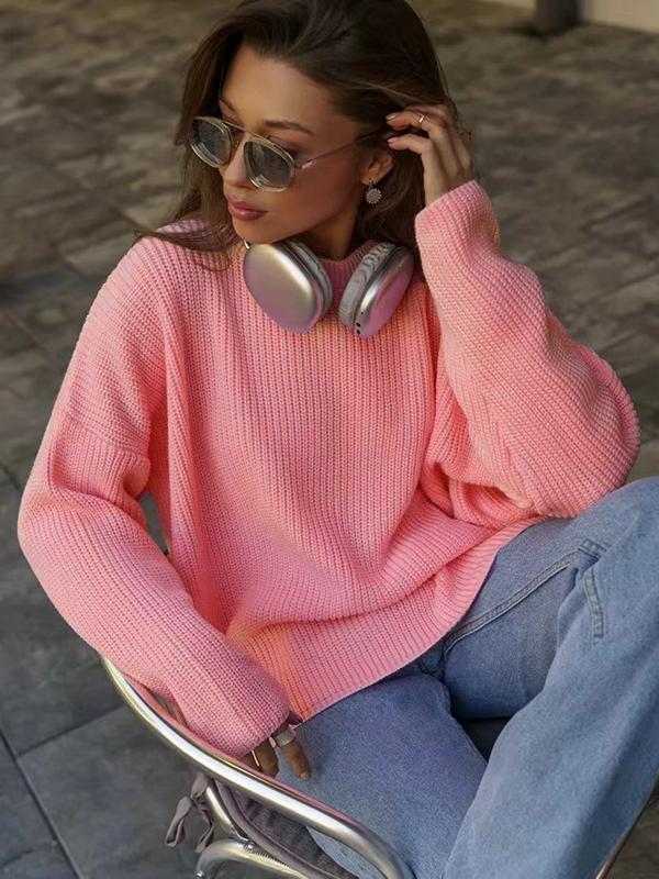 Long Sleeves Loose Solid Color Split-Joint Round-Neck Sweater Tops Product Image