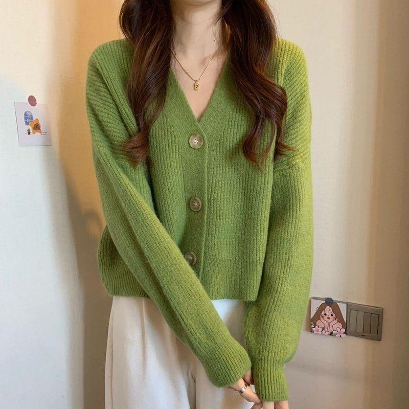 V-Neck Plain Ribbed Cardigan Product Image