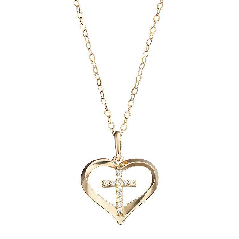 10k Gold Cubic Zirconia Cross & Heart Pendant Necklace, Womens, White Product Image