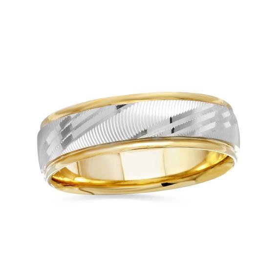 Men's 6.0mm Comfort-Fit Slant Diamond-Cut Wedding Band in 14K Two-Tone Gold - Size 10 Product Image