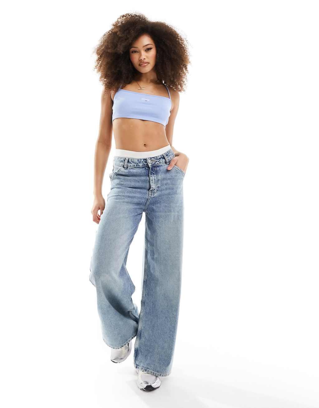 Tommy Jeans cropped strappy script top in blue Product Image