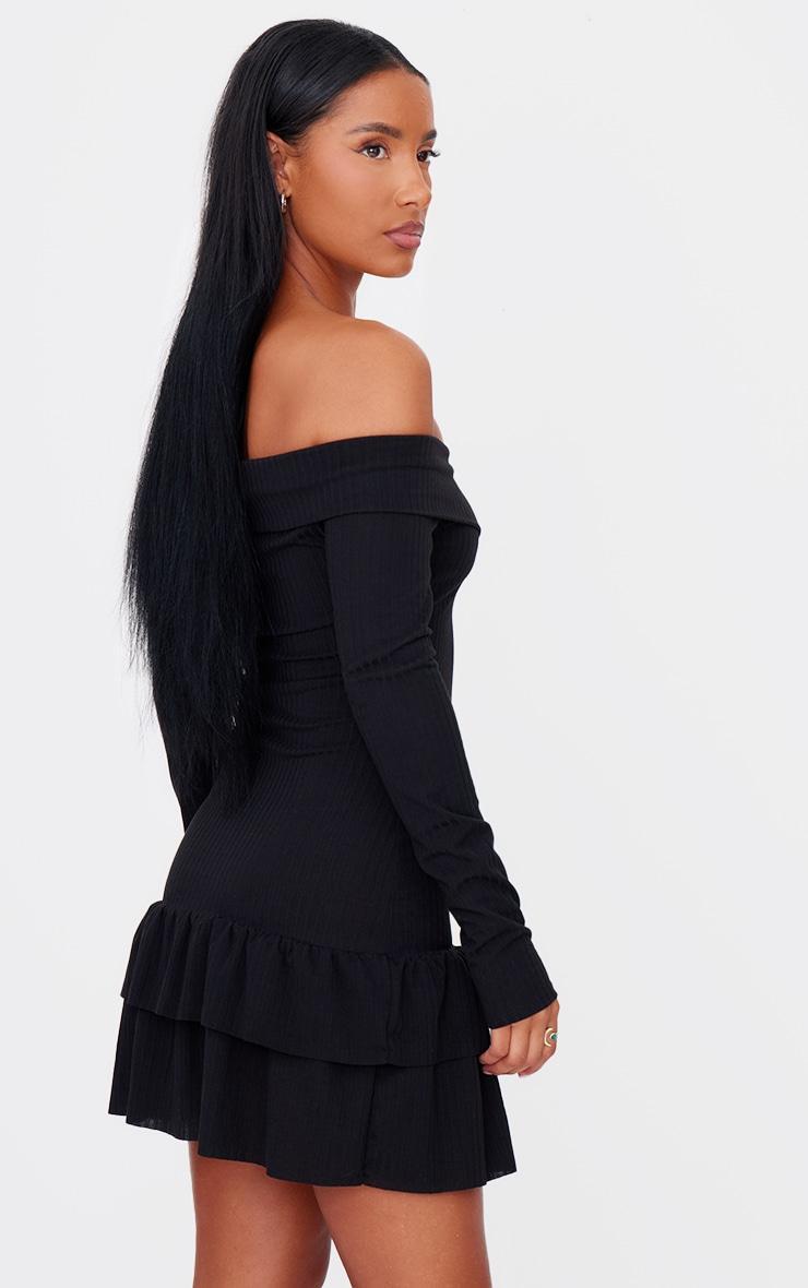 Black Ribbed Bardot Cross Over Bust Detail Shift Dress Product Image