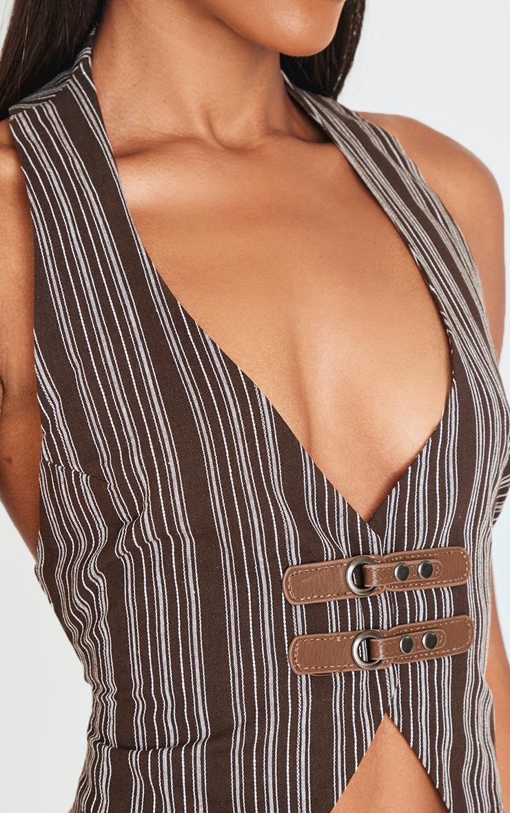 Brown Premium Woven Striped Buckle Plunge Vest Product Image