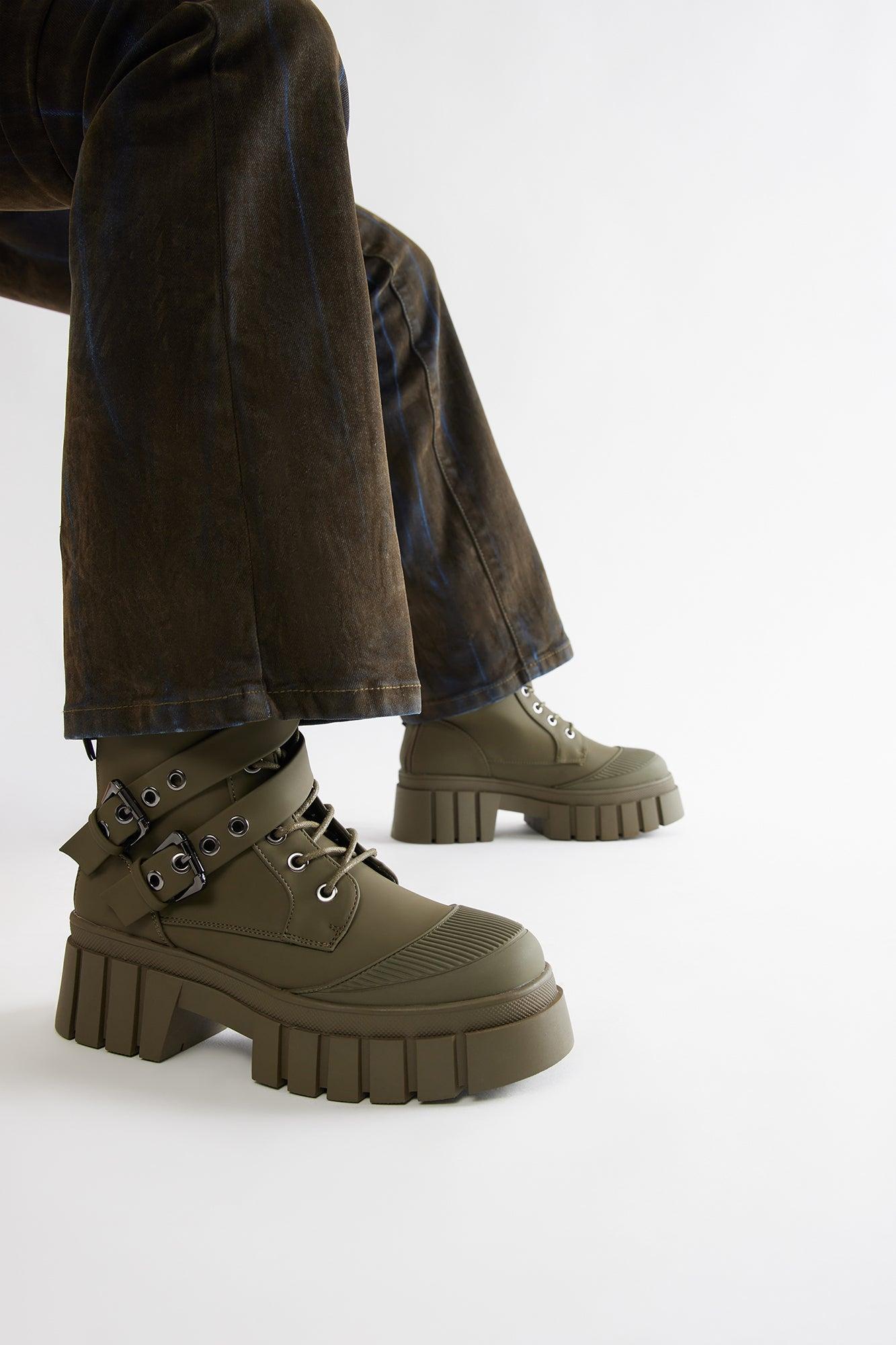 Never Over Buckle Combat Boots - Olive Product Image