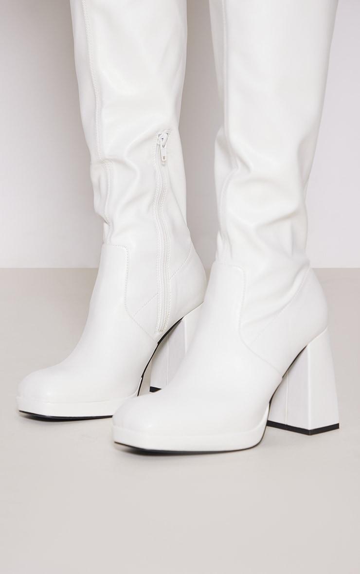 White Wide Fit Pu Slight Platform High Block Heeled Knee Boots Product Image