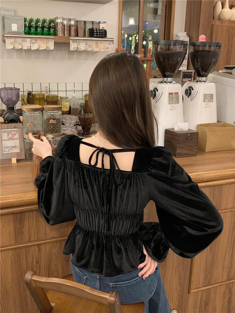 Puff-Sleeve Square-Neck Velvet Blouse Product Image