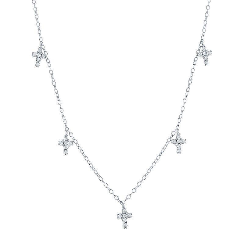 Sterling Silver Cubic Zirconia Dangling Cross Station Necklace, Womens White Product Image