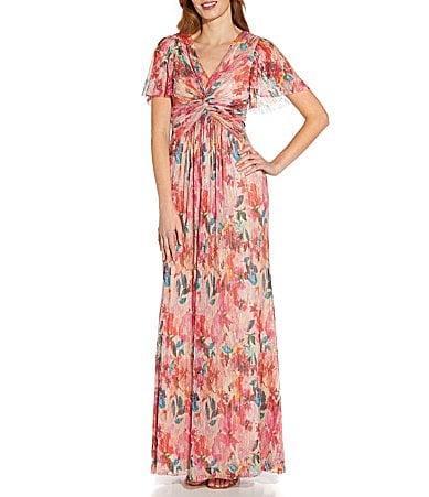 Adrianna Papell Metallic Floral Print Pleated Twist V-Neck Short Flutter Sleeve Gown Product Image