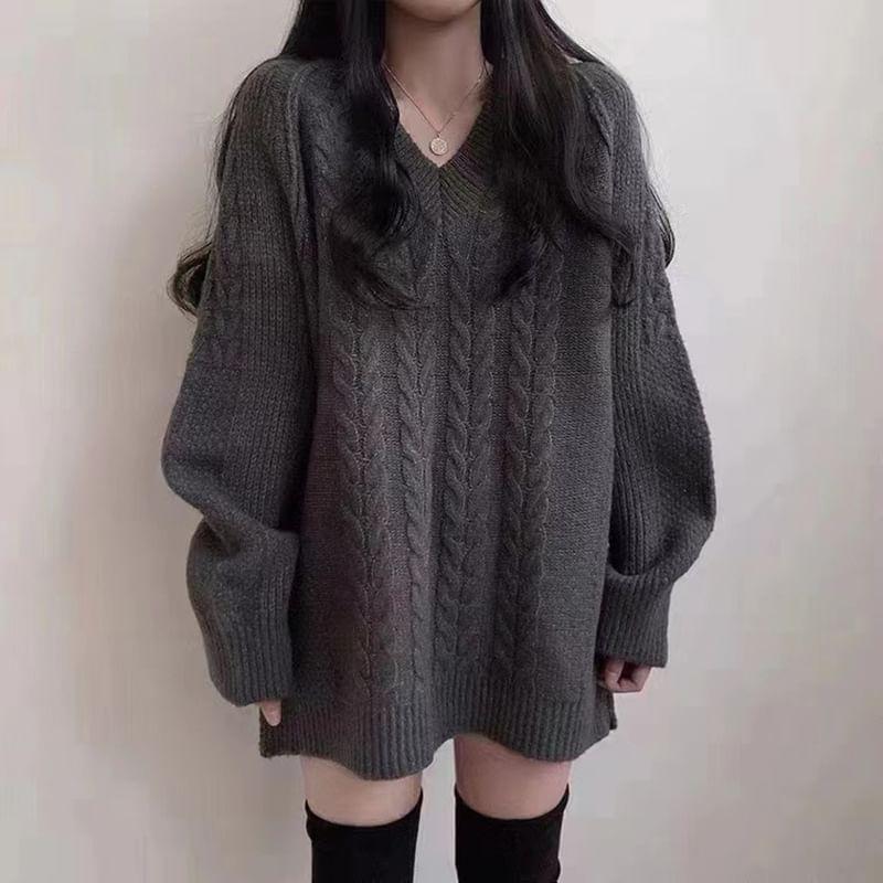 V-Neck Plain Cable Knit Oversized Sweater Product Image