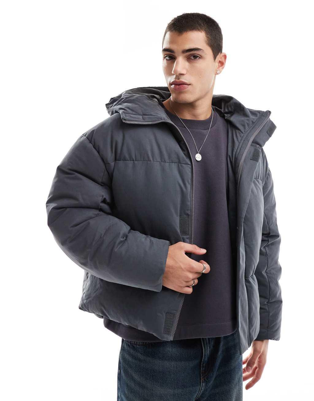 ASOS DESIGN oversized puffer jacket with seam detail in gray Product Image